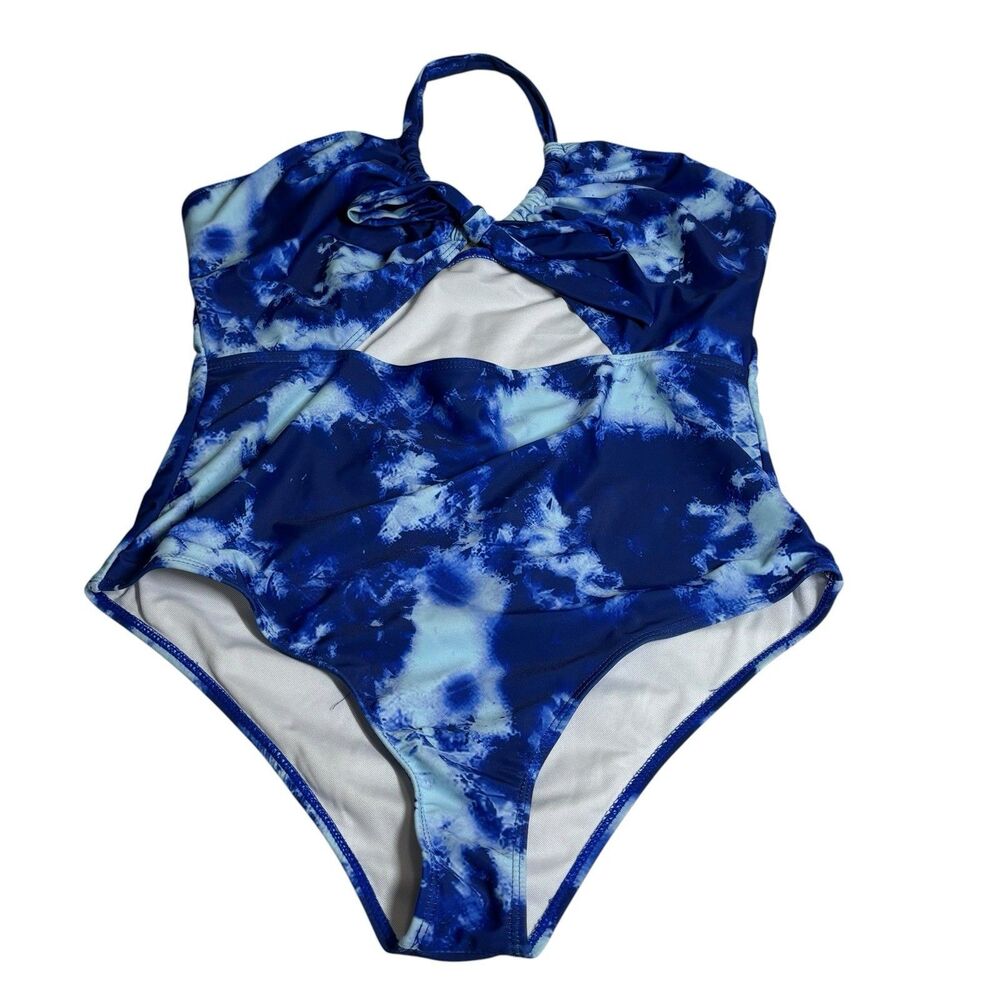 SHEIN Blue Tie Dye One-Piece Swimsuit 1X Cutout Halter Front-Tie Boho Retro